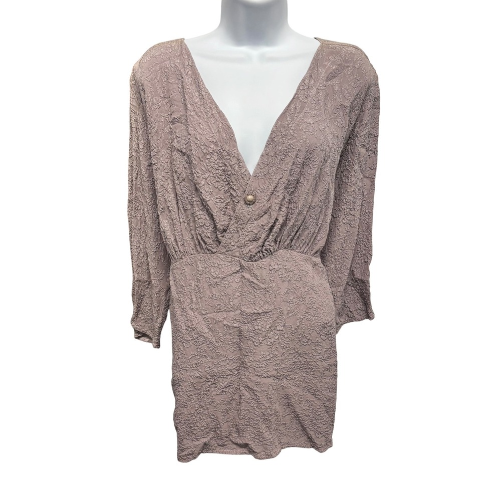 URU Tabu Top One Size Mauve 100% Silk Hand Dyed Jacquard V-Neck Tunic USA